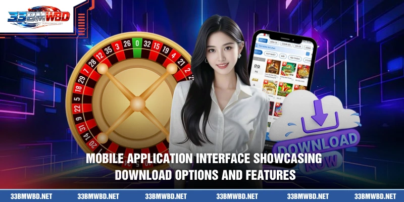 Mobile application interface showcasing download options and features